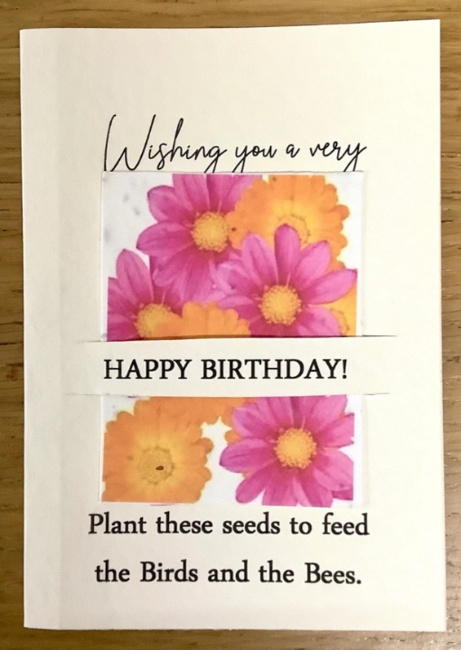 Seeded greetings card Happy Birthday Orange and Pink flowers