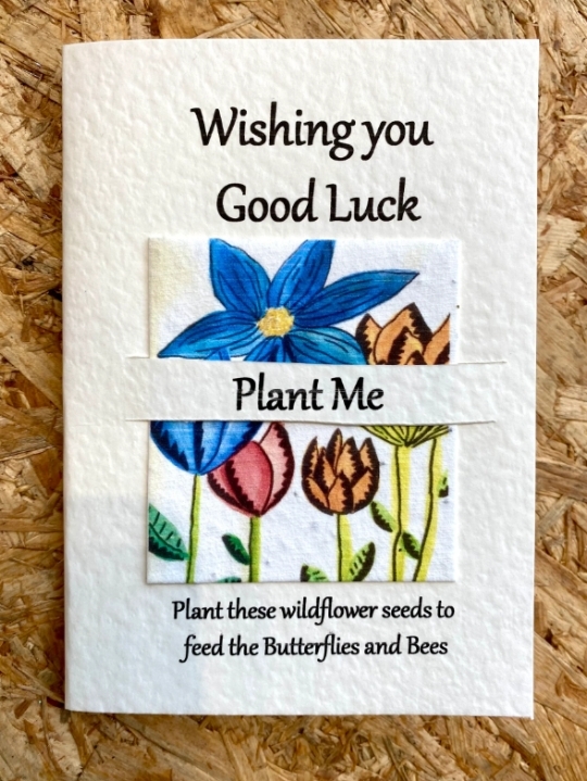 Seeded greetings card Good luck Blue flower