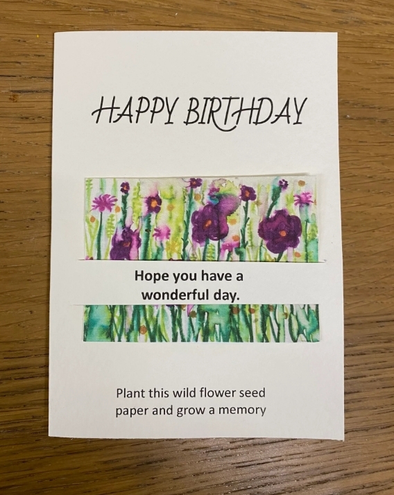 Seeded greetings card Happy Birthday Purple flower